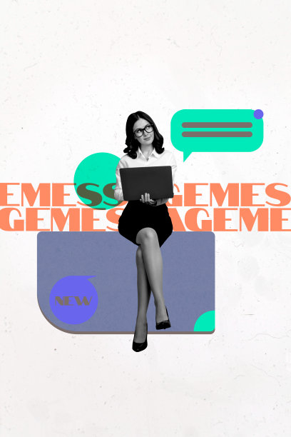 竖版手绘拼贴画：快乐的女孩和男孩拿着笔记本电脑，正在打字，内容涉及新闻、项目、游戏、创业和交流气泡。图片下载