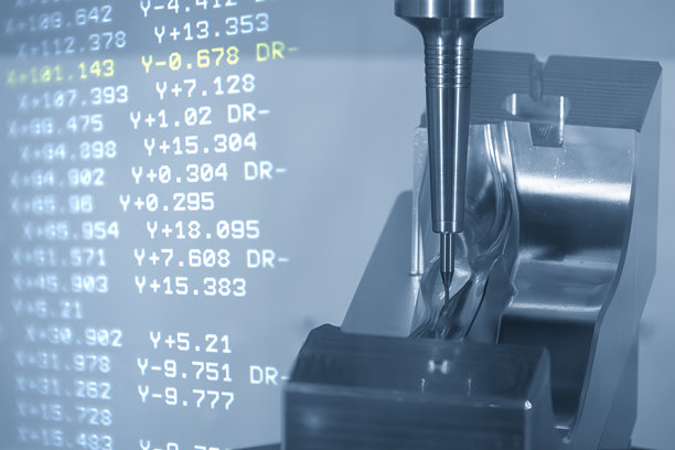 抽象场景，数控铣床完成模具零件的精加工，背景为数控数据。图片下载