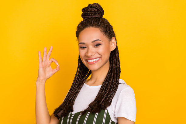 年轻非洲裔女孩侧面照片，开心积极地微笑，竖起大拇指表示“好”或“没问题”，象征事情已办妥，背景为黄色。图片下载