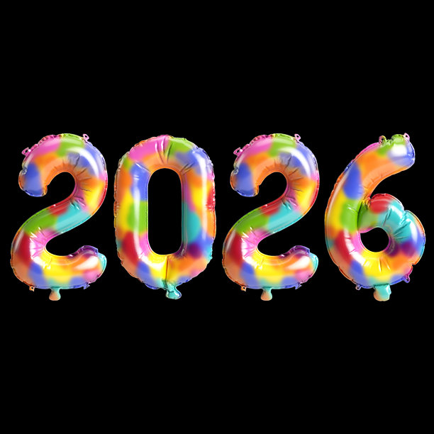 黑色背景上2026彩色气球数字3D插画图片下载
