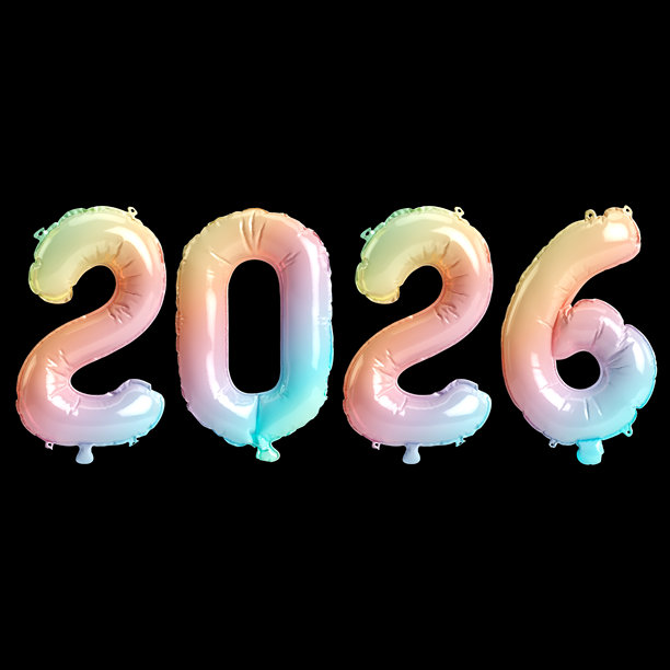 黑色背景上的2026彩虹气球数字3D插画图片下载