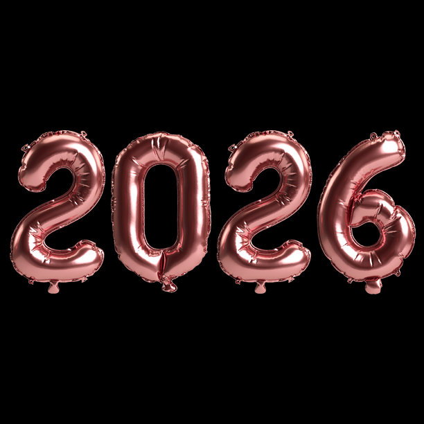玫瑰金2026数字气球的3D插画，背景为黑色图片下载