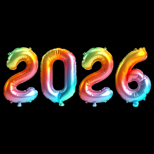 黑色背景上彩虹色2026数字气球的3D插画图片下载