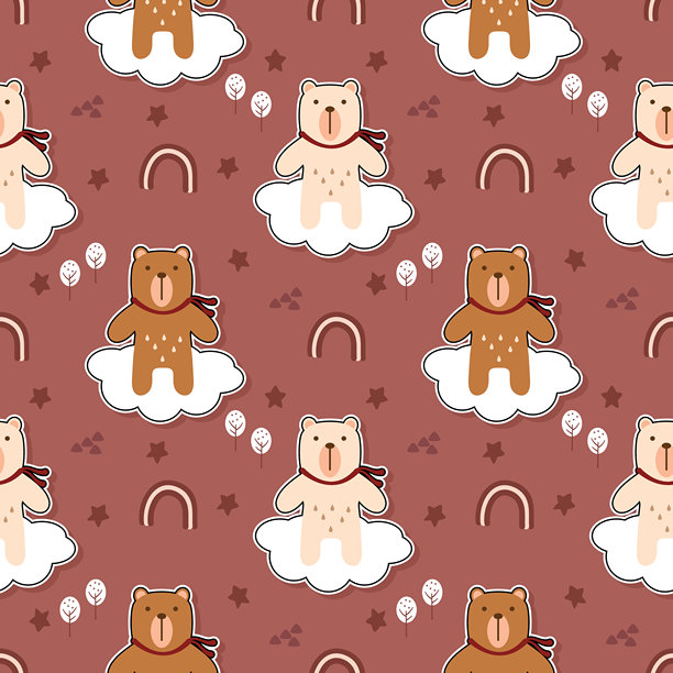 一只熊在云朵上，卡通风格，非常可爱。背景是彩虹、星星、树和红色。无缝矢量插画图案。图片下载