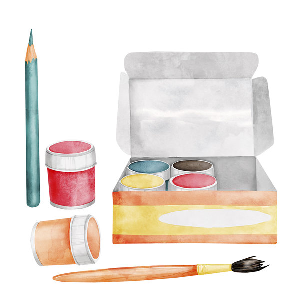 一个敞开的纸板箱里装着一套丙烯或广告颜料。装有彩色颜料的罐子、画笔和铅笔，供儿童绘画。水彩卡通插画，白色背景，适用于儿童卡片、教育游戏、贴纸、网页、印刷品。图片下载