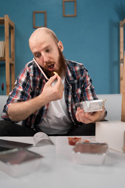 留着胡子的男人在家吃快餐，脸上带着困惑的表情，正在打电话处理订单问题图片下载