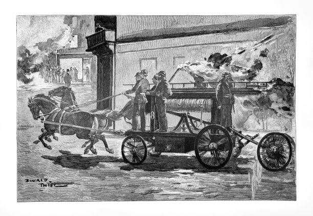1890年左右，马匹牵引的蒸汽消防车紧急驶过城市——插画图片下载
