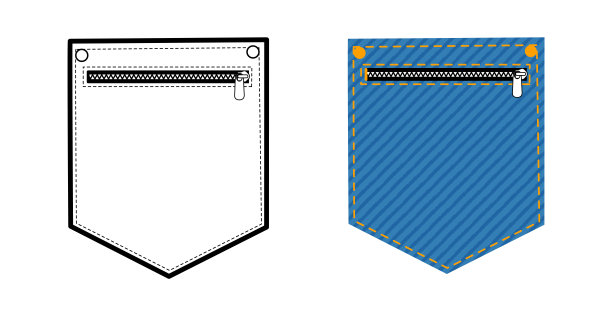 带拉链插袋的斜纹牛仔裤，顶部缝线牛仔裤，技术时装插画。平铺服装线条模板。图片下载