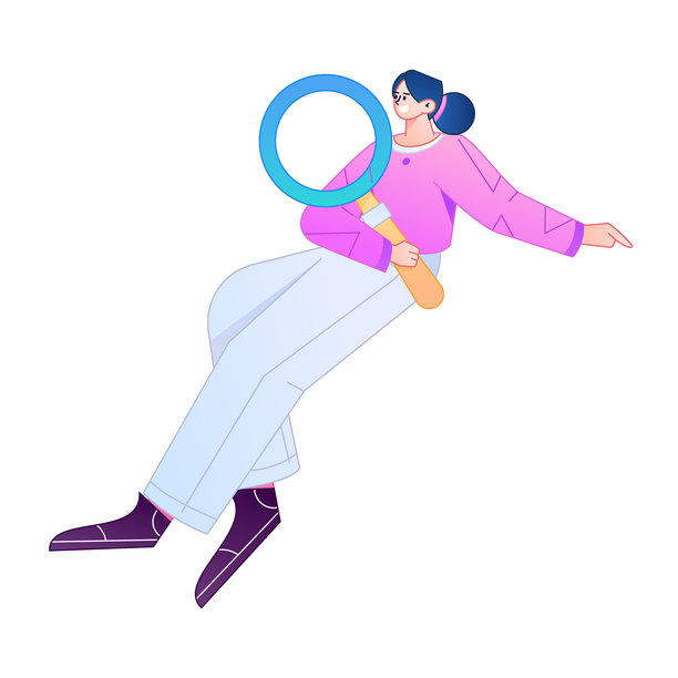 一个人拿着放大镜进行搜索、学习和观察的矢量插画。图片下载