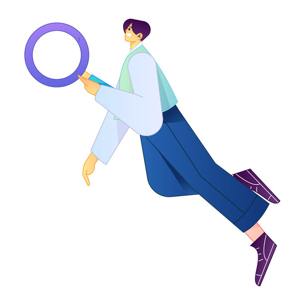 一个人拿着放大镜搜索、研究和观察的矢量插画图片下载