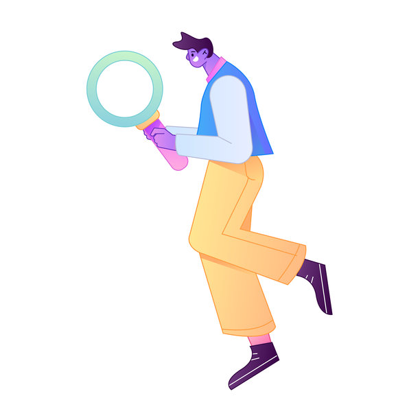 一个人拿着放大镜进行搜索、学习和观察的矢量插画。图片下载