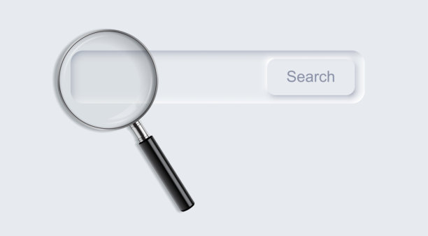 SEO背景。浅色背景下带有大镜片的搜索放大镜界面，置于搜索栏之上。现代营销UI元素。新拟态风格的极简矢量插画。图片下载