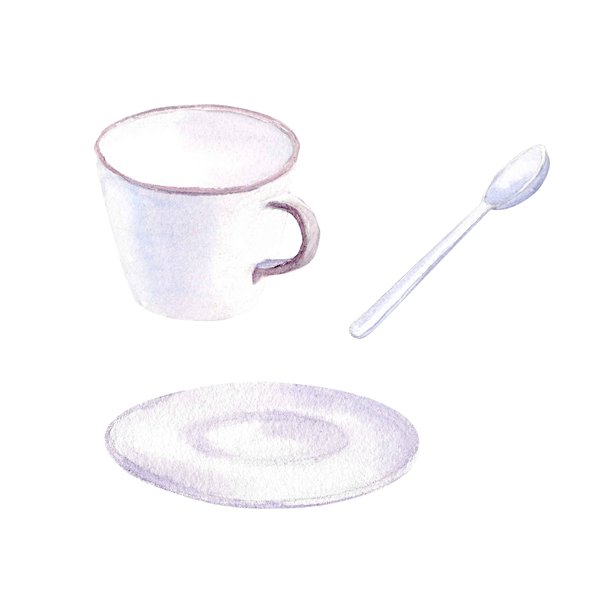 一套手绘的干净马克杯、碟子和勺子，水彩插画，孤立的背景。白色瓷茶杯配勺子的简约剪贴画，适合热饮，用于家庭、咖啡馆、餐厅图片下载
