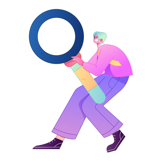 一个人拿着放大镜进行搜索、学习和观察的矢量插画。图片下载