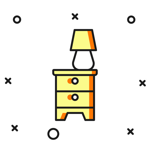 带台灯的床头柜填充轮廓图标，孤立在白色背景上。扁平填充轮廓风格，带有阴影。矢量图图片下载