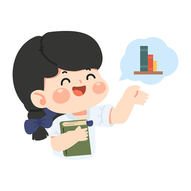 女孩拿着书，想着书架的插画图片下载