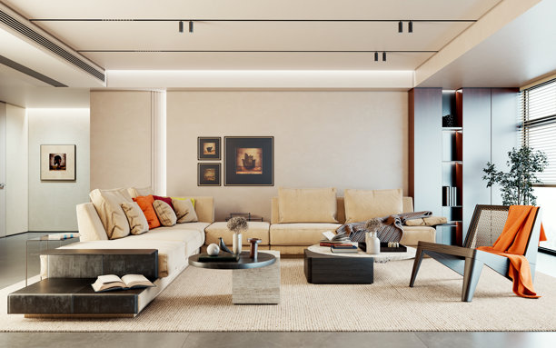 宽敞奢华的现代明亮室内客厅模型插画，3D渲染图图片下载