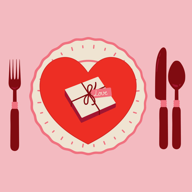 一张关于约会或情人节的温馨餐桌布置的矢量插画，上面有一个标有“爱”的礼品盒。非常适合用作贺卡、横幅、菜单或传单。图片下载