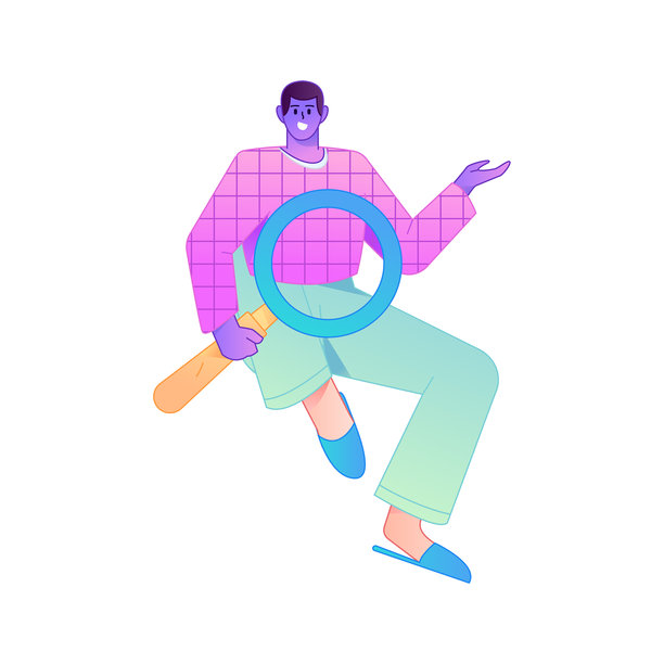 一个人拿着放大镜进行搜索、学习和观察的矢量插画。图片下载