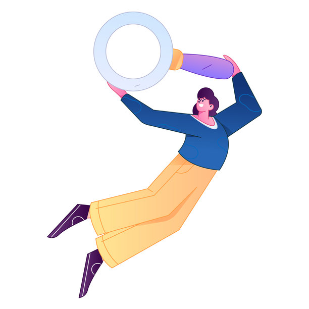 一个人拿着放大镜进行搜索、研究和观察的矢量插画。图片下载