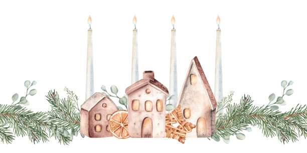 温馨的冬季无缝边框，图案包含冷杉枝、陶瓷房屋、灯笼和蜡烛。以及桉树和干橙片。第四个降临节，圣诞节。手绘水彩植物插画。可用于织物、纺织品、包装印刷。图片下载