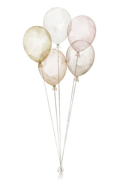 气球水彩插画。一束漂浮的柔和粉彩色米色形状。适用于托儿所设计、婴儿送礼会贺卡或儿童生日请柬的聚簇。派对剪贴画。图片下载