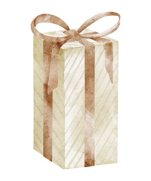 一个带有丝带的礼物盒水彩插画，采用中性柔和色调。这幅画描绘了适合儿童派对设计、婴儿送礼卡或儿童生日请柬的派对元素。图片下载