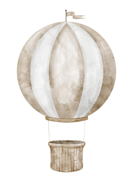 热气球水彩插画，带有条纹信封和旗帜。飞艇艺术，适合婴儿房海报、婴儿送礼会贺卡和儿童邀请函。米色飞行器，适合儿童文具图片下载
