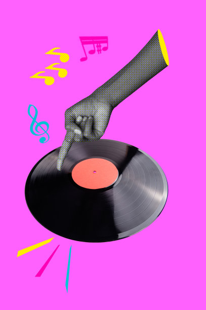 趋势插画草图设计蒙太奇3D拼贴手势手指触摸黑胶唱片休闲活动无忧夜店音乐音符图片下载