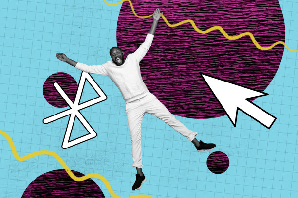 横幅图片，全照片拼贴，激动的美籍男子跳跃，蓝牙连接，网络，WiFi传输，网络空间概念图片下载