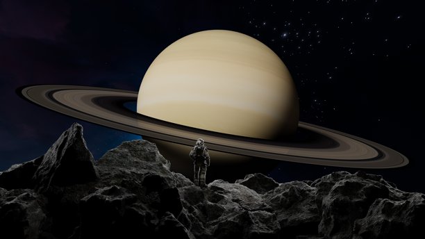 宇航员站在遥远月球的岩石表面上，仰望着土星环，土星在星空的背景下显得明亮。3D渲染图片下载