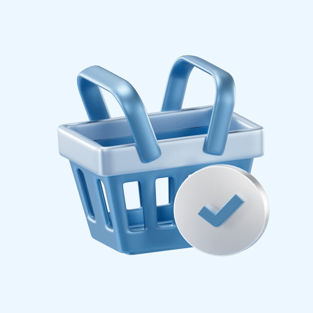 3D插画，一个蓝色的购物车图标，上面有一个对勾符号，代表电子商务中成功的购买、已完成的订单或结账确认。图片下载
