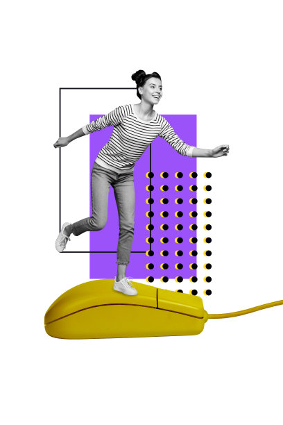年轻女程序员的拼贴艺术照片拼贴模板草图，带有旧鼠标、电子工具、按钮点击和开发字样图片下载