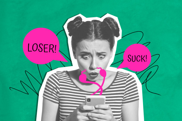 年轻女士震惊的趋势艺术横幅照片拼贴，手持智能手机，收到“差劲”信息，遭受歧视、网络欺凌、犯罪和压力。图片下载