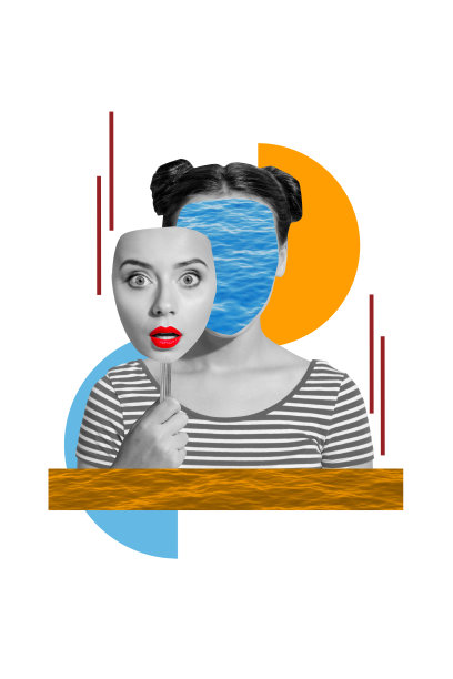 模板海报潮流艺术3D照片拼贴年轻女士肖像手持面具脸部想象力美学拼贴纸海海水图片下载