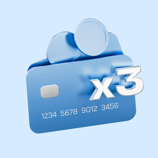 3D渲染的蓝色信用卡插画，带有压印数字、银色芯片和漂浮的硬币，象征金融交易、奖励或现金返还优惠。3D渲染图片下载