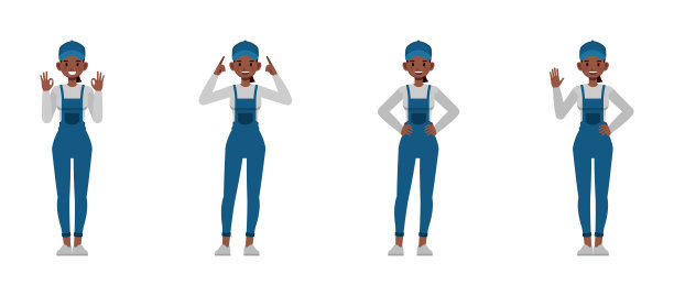 女性修理工穿着蓝色围裙的矢量插画设计套装。女性展现出积极的情绪，如快乐、自豪和喜悦。图片下载