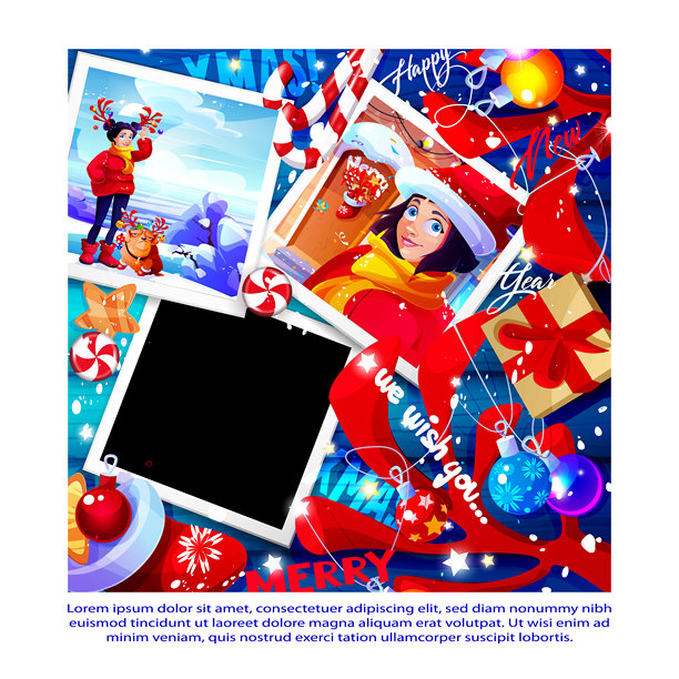 圣诞装饰和礼物的背景下，一只戴着驯鹿角的小女孩和一只装饰过的斗牛犬的即时照片，背景是节日木制背景。卡通风格的时尚新年矢量模板，留有空白空间。图片下载