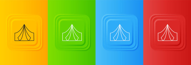 白色的旅游帐篷图标，孤立在彩色的背景上。露营符号。方形按钮中的图标集。矢量图图片下载