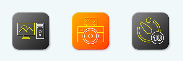 照片修饰线条图标，带闪光灯的相机和相机计时器图标。矢量图图片下载