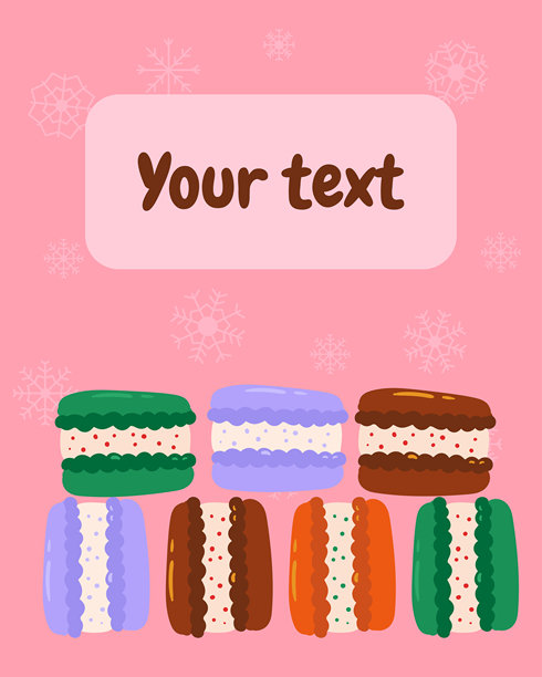 一套装饰精美的圣诞马卡龙，带有节日图案和留白区域，适合用于贺卡、邀请函和节日广告的喜庆甜点插画。图片下载