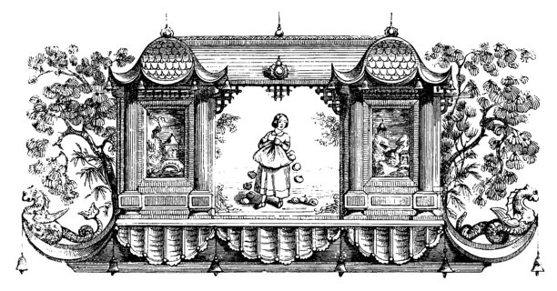 一位身着传统服饰的女孩，置身于华丽的剧院场景中，周围环绕着树木和神话生物，展现了19世纪的舞台设计美学和浪漫主义时期的奇幻插画风格，复古老插画，1845年图片下载