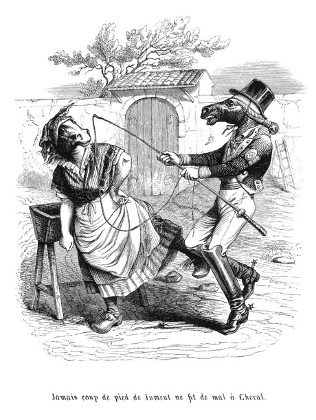 维多利亚时代西装马头绅士，在农场凳子上指向身着乡村服饰的牛头女士，并用马鞭指着她，插画描绘了1845年法国谚语关于通过拟人化的农场讽刺来描绘无害的威胁，老式复古插画图片下载