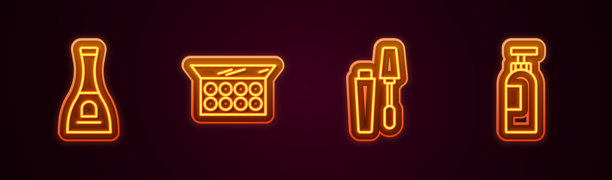 设置线条，指甲油瓶、带镜子的化妆粉饼、睫毛膏刷和洗发水。发光霓虹图标。矢量图图片下载