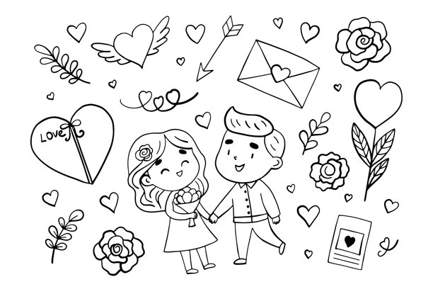 一套可爱的白色背景情人节涂鸦元素，适合用于图案、卡片、海报、包装纸等。矢量插画图片下载
