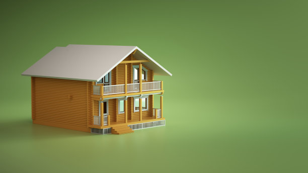 绿色背景上的木屋3D插画，现代小屋外观渲染图片下载