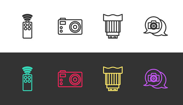 相机遥控器、照片、相机镜头黑白线条矢量图图片下载