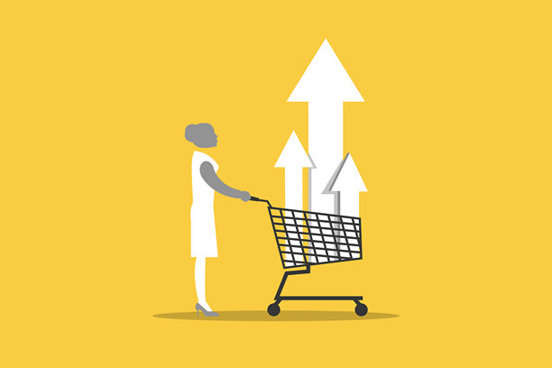 一位女商人在推着购物推车，推车上有一个上升的箭头，象征着价格上涨。该图片概念为通货膨胀导致食品价格上涨、支出增加、经济危机或消费者价格上涨。图片下载