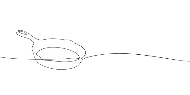 一个平底锅的单线画，孤立在白色背景上。用于烹饪、煎炸、餐厅和食品设计的极简连续线描厨房用具插画图片下载