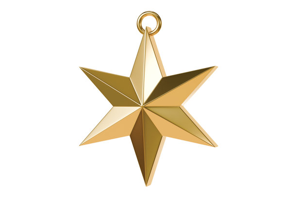3D金色六角星吊坠图标。奖项评级概念。用于应用程序横幅英雄的极简卡通金色星章奖牌收藏标志。孤立在白色背景上。3D渲染。图片下载